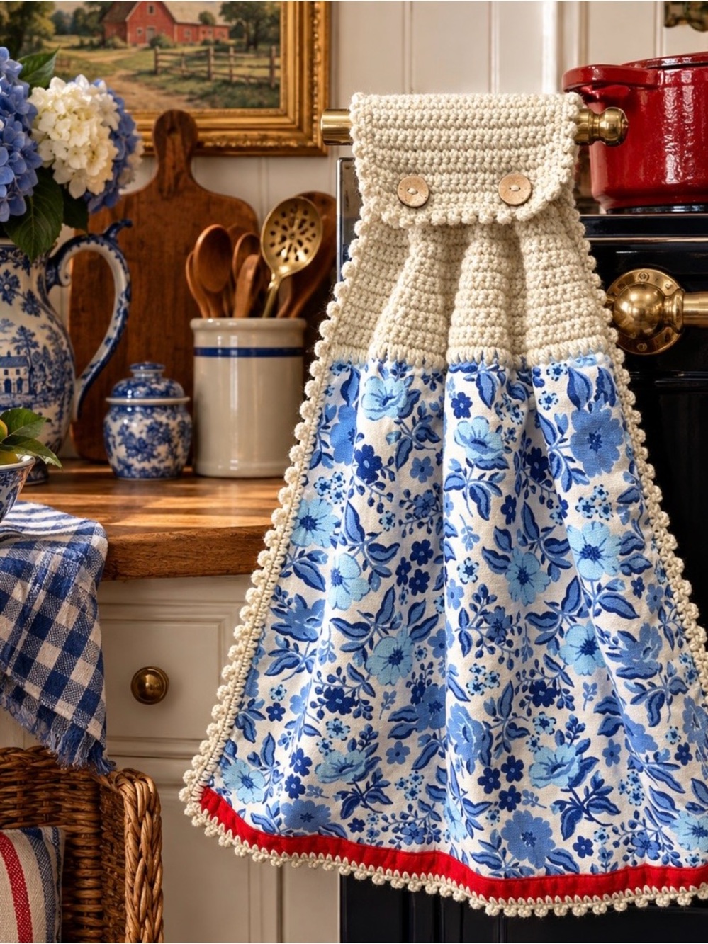 Pioneer Woman Handmade Crochet Hanging Kitchen Towel Blue Floral